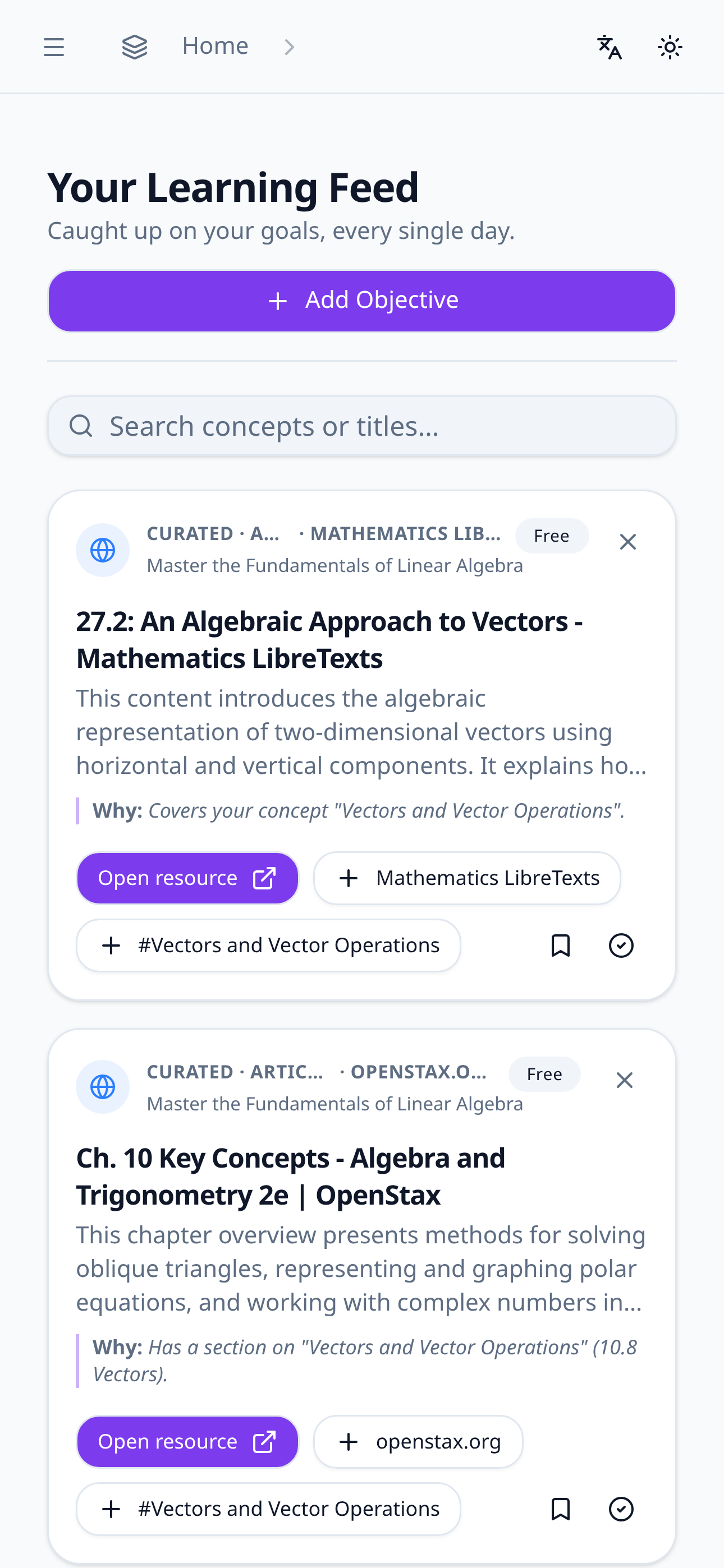 The Mindli learning feed on mobile