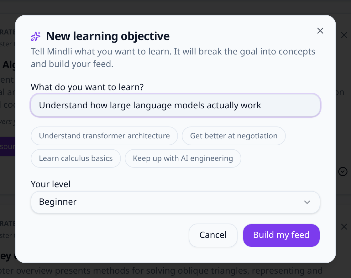Creating a new learning goal in Mindli